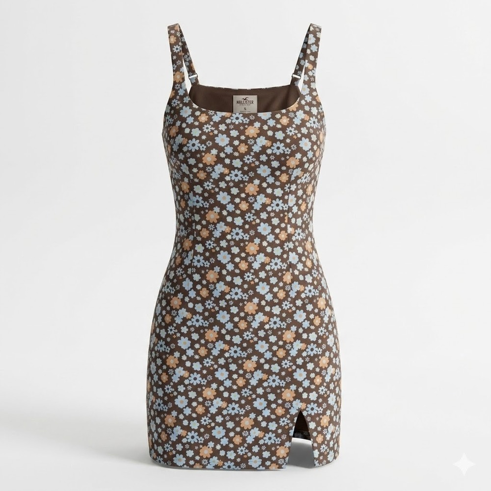 Hollister Brown Floral Daisy Mini Dress Small Square Neck Smocked‎ Back Slit